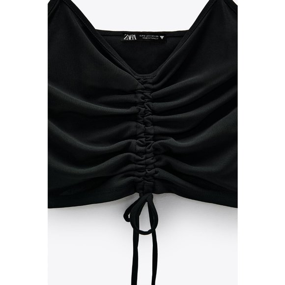 NEW Zara Black Gathered Ruched V Neck Stretch Knit Cropped Cami Top Size Large L - Picture 5 of 8